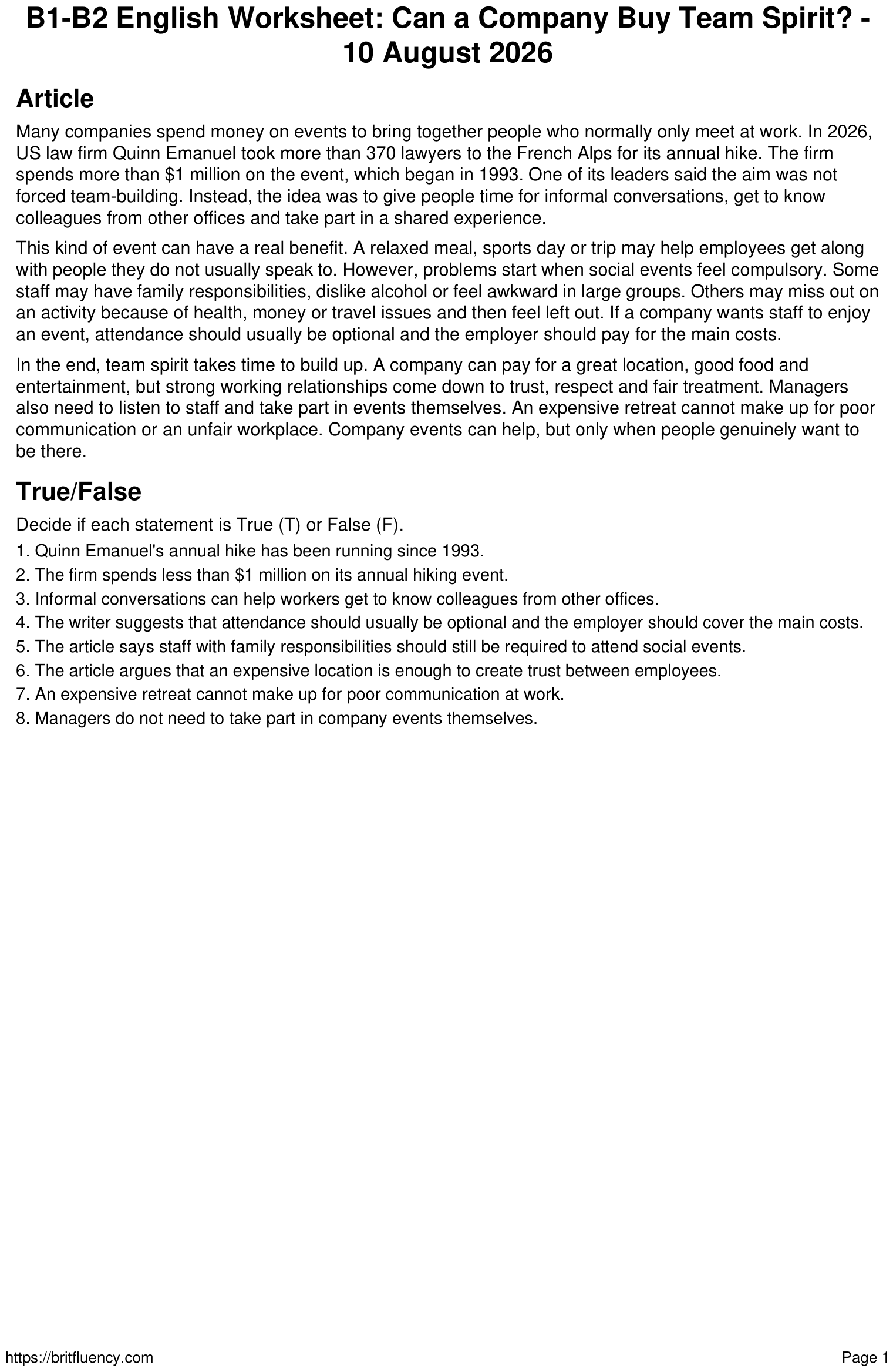 English worksheet on team spirit